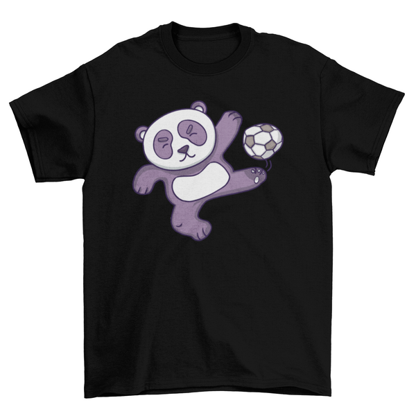 Kids soccer t-shirt with cute cartoon panda kicking a soccer ball graphic
