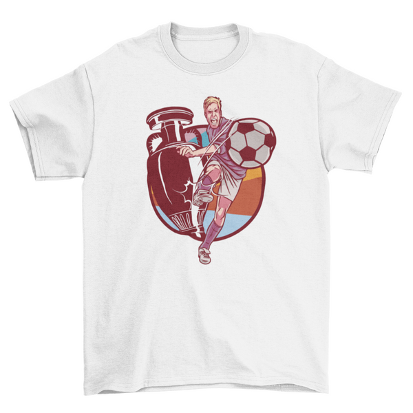 Kids soccer t-shirt with soccer player holding ball and trophy graphic design