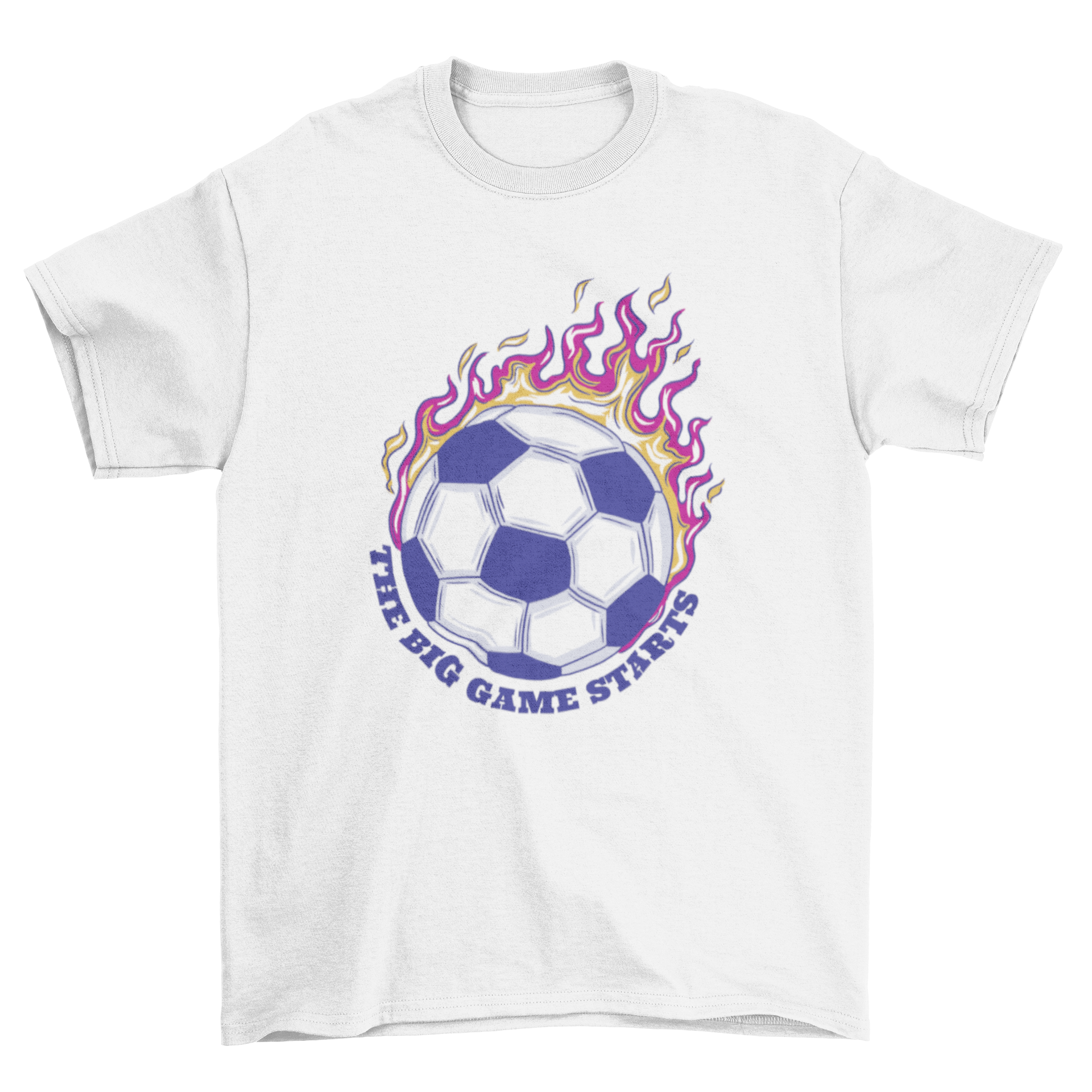 Kids soccer t-shirt with fire soccer ball graphic and the big game starts quote
